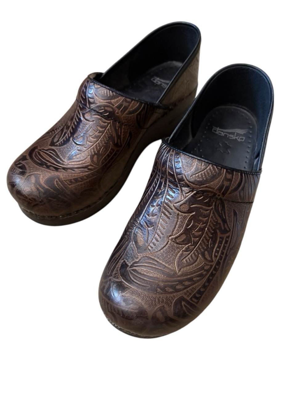 Dansko Professional Brown Floral Embossed Leather Clogs - Size 39 (US 8.5-9)